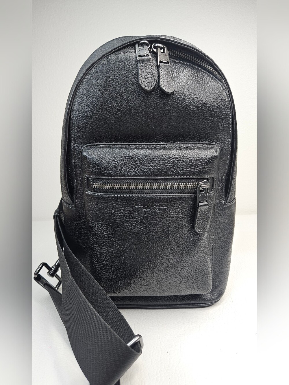 Coach Charter Sling Pack Black Pebbled Leather Crossbody Backpack Chest Bag